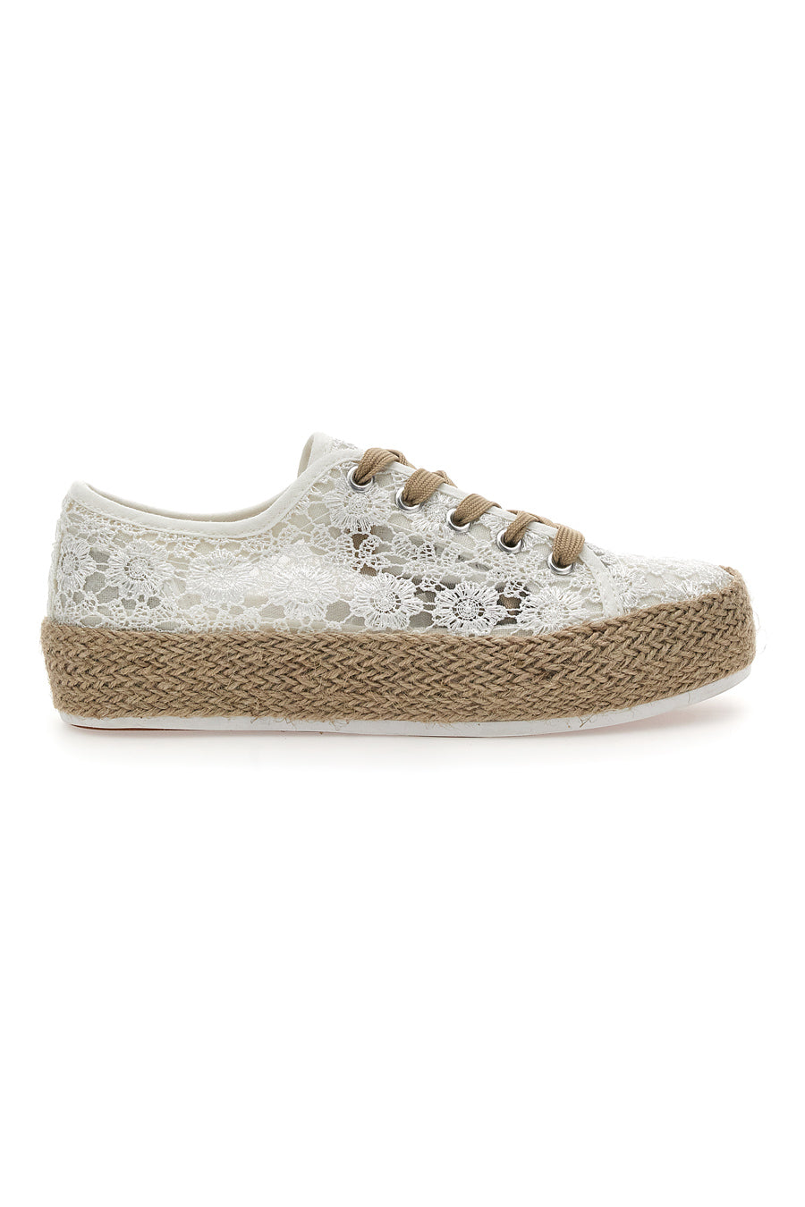 Sneakers Bianche e Beige Con Trama Ricamata e Flatform Energy 122