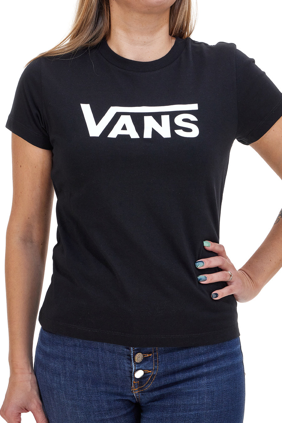 Schwarzes T-Shirt mit Vans Drop Tee-Aufdruck auf der Brust