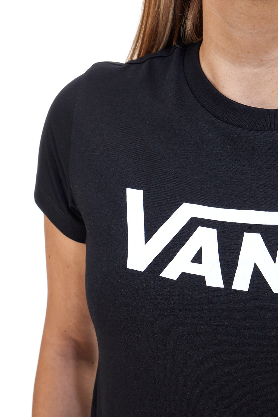 Schwarzes T-Shirt mit Vans Drop Tee-Aufdruck auf der Brust