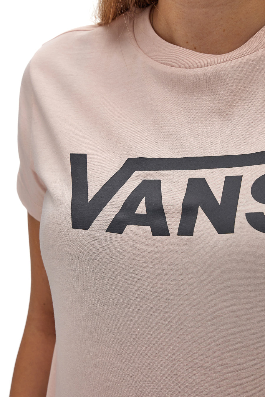 Pfirsichrosa T-Shirt mit Vans Drop Tee-Aufdruck auf der Brust