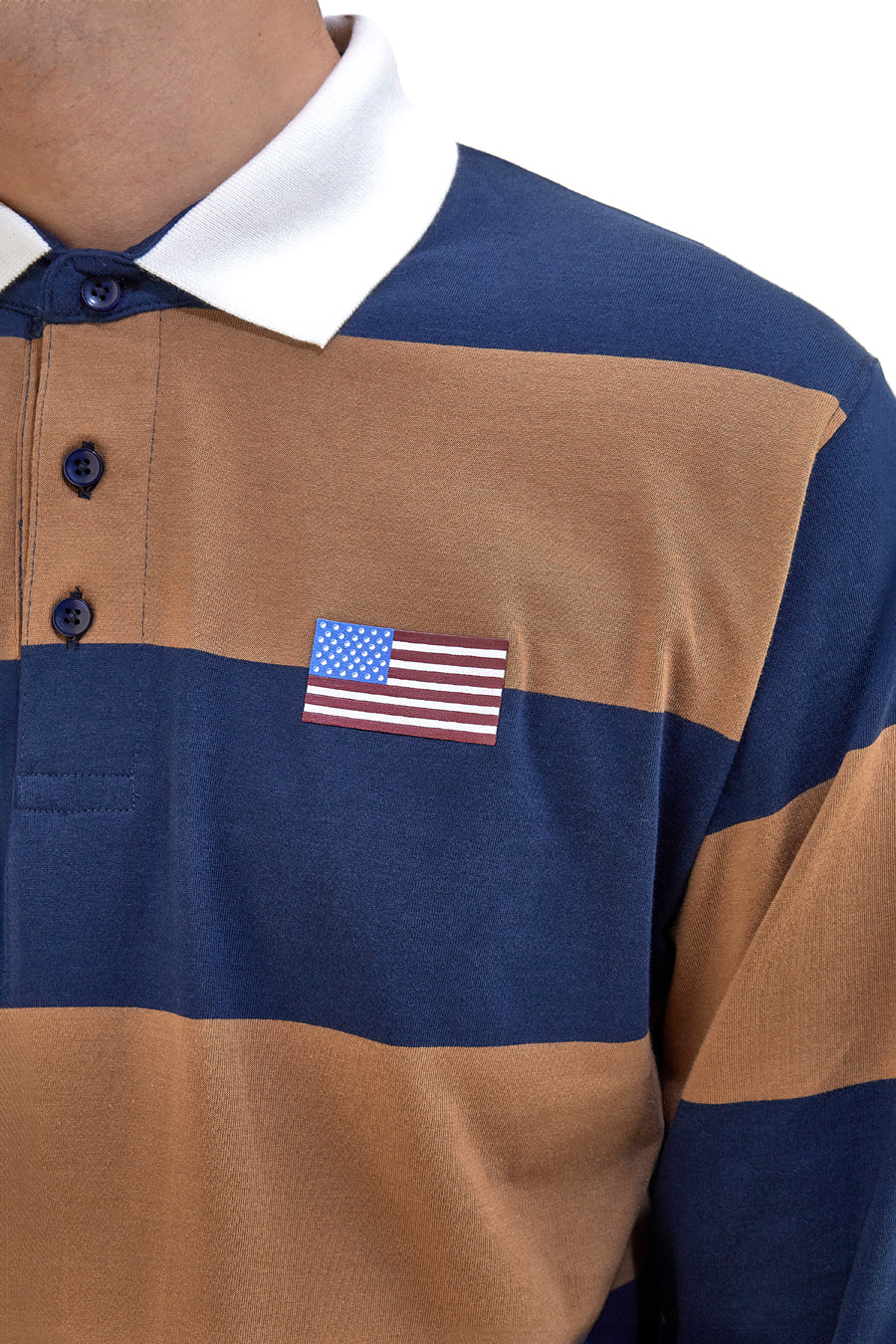 Maglia maniche lunghe a righe marrone e blu con colletto bianco US GOLF CLUB 1292