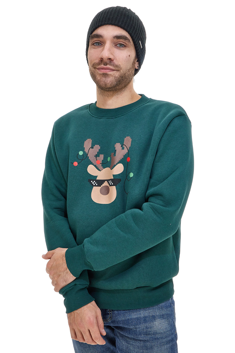 Grünes Sweatshirt mit Rundhalsausschnitt und weihnachtlichem Rentier BOARDMAN 24404