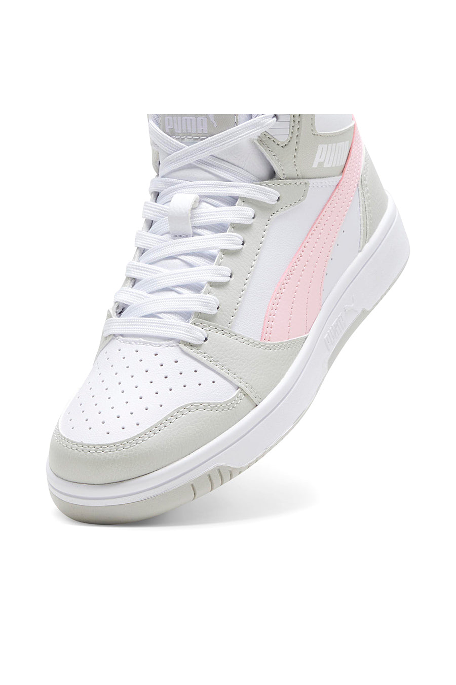 SNEAKERS ALTE BIANCHE CON DETTAGLI ROSA PUMA REBOUND V6 MID JR