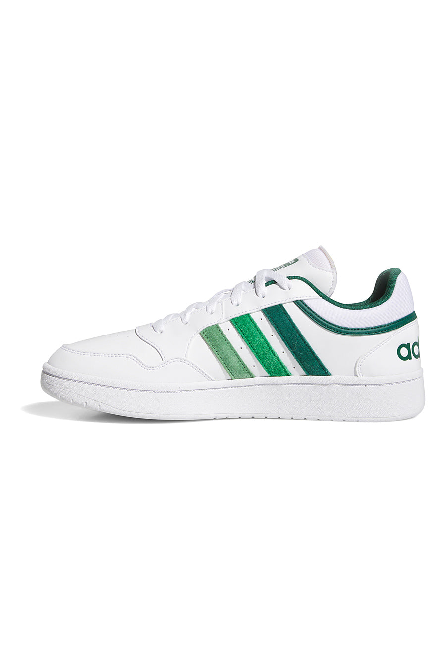 Weiße Turnschuhe mit grünen Bändern Adidas Hoops 3.0