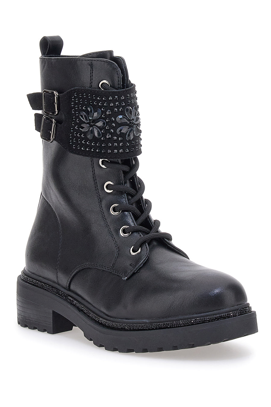 Schwarze Kampfstiefel mit seitlichem Reißverschluss und Frontband ME&ME RQ24W13D