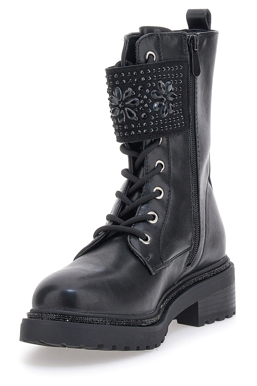 Schwarze Kampfstiefel mit seitlichem Reißverschluss und Frontband ME&ME RQ24W13D