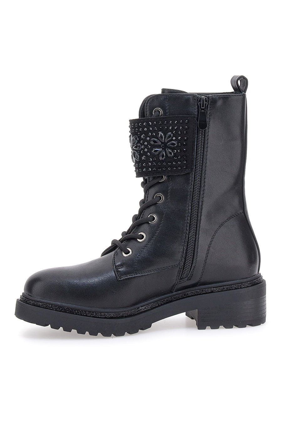 Schwarze Kampfstiefel mit seitlichem Reißverschluss und Frontband ME&ME RQ24W13D