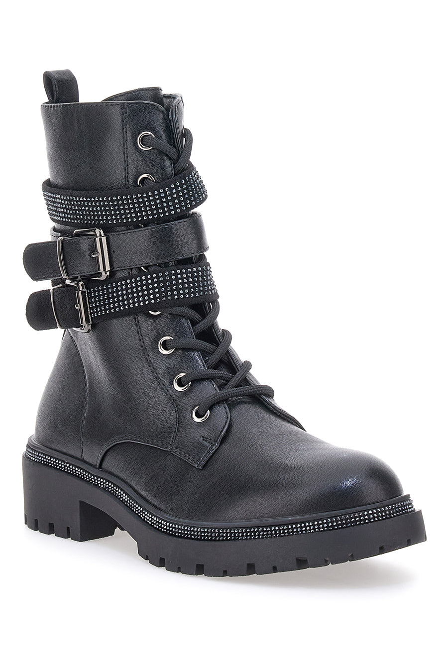 Schwarze Combat Boots mit Strass und seitlichem Reißverschluss Me&Me RQ23WG5