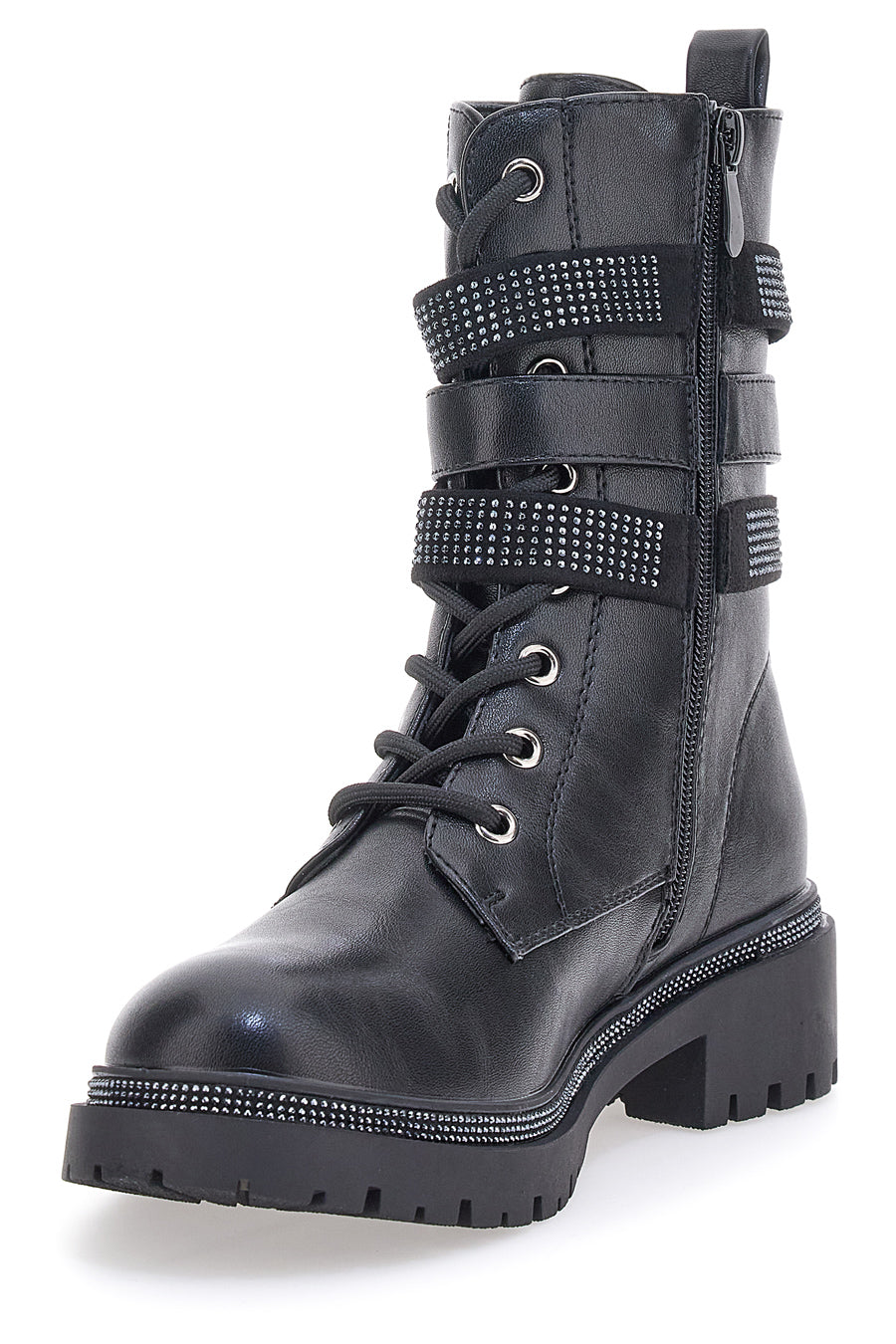 Schwarze Combat Boots mit Strass und seitlichem Reißverschluss Me&Me RQ23WG5