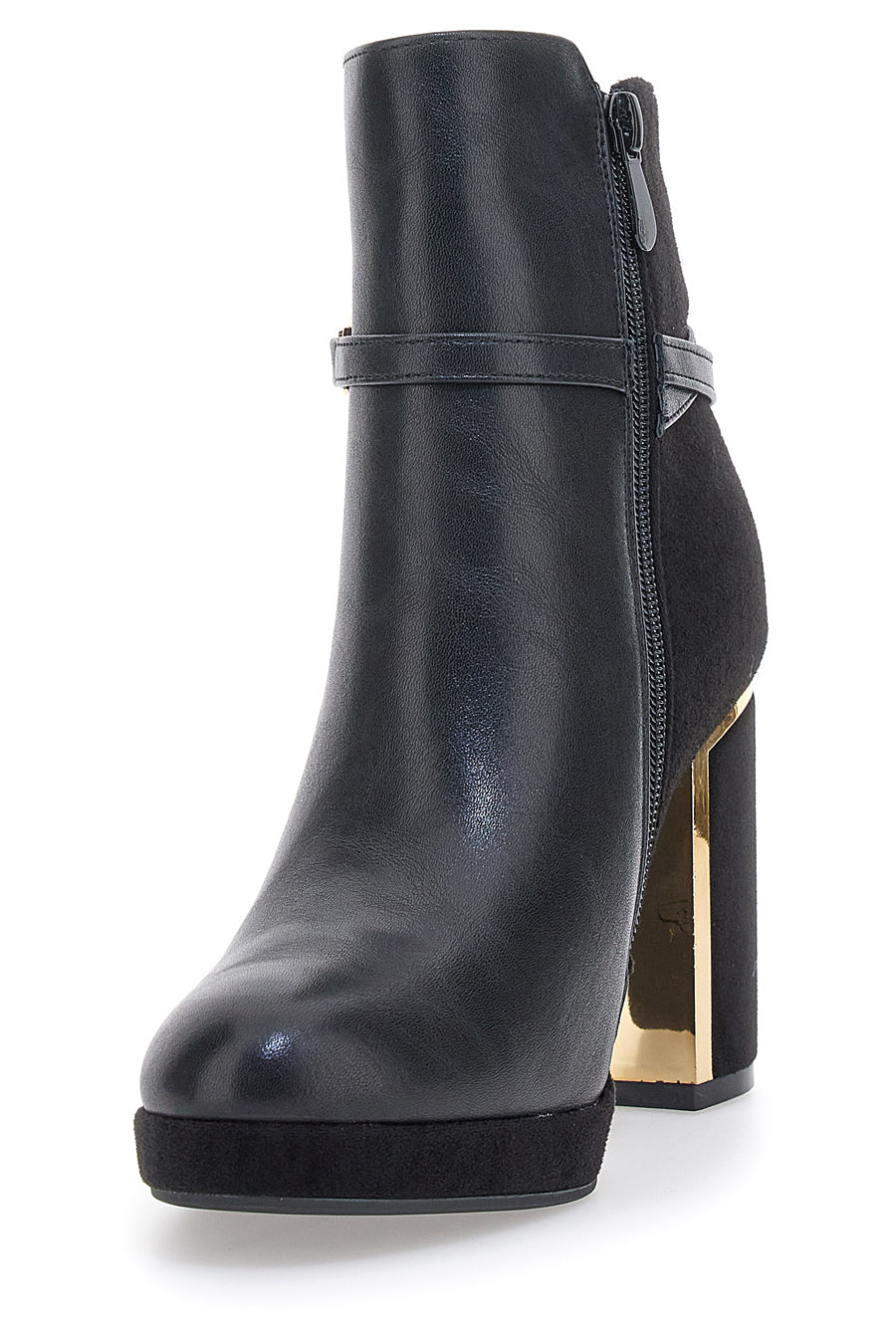 Schwarze Stiefeletten mit hohem Absatz und Plateau und goldenen Details Le Havre Paris RQ23WT7